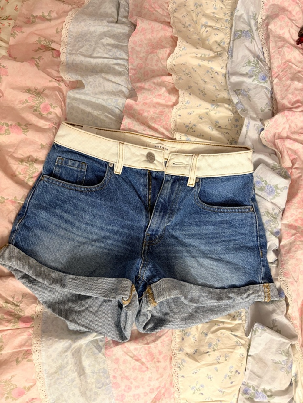 PacSun Blue Denim Roll-Cuff Shorts with White Waistband Mom Shorts
